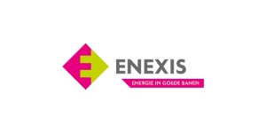 Logo van Enexis, met een veelkleurige pijl aan de linkerkant en de tekst 