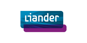 Het logo van Liander toont de bedrijfsnaam in witte letters op een blauwe en paarse achtergrond, wat de associatie met Electro Power Systems weerspiegelt.