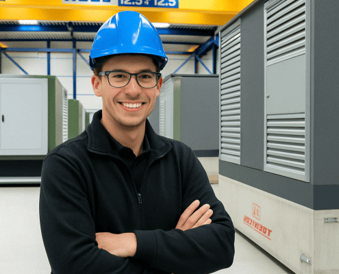 Een lachende stationschef met een blauwe helm en een bril staat met gekruiste armen in een industrieel gebouw, omringd door grote machines en apparatuur.