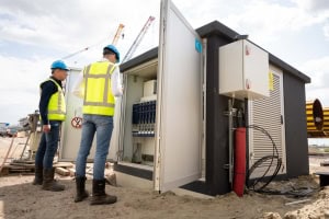 Twee arbeiders in veiligheidsvesten en helmen inspecteren een open elektriciteitskast van Electro Power Systems op een bouwterrein, met apparatuur en kranen zichtbaar op de achtergrond.
